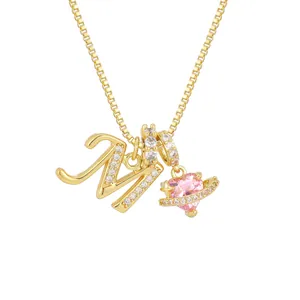 Pink heart gemstone and letter M pendant necklace with gold chain for women