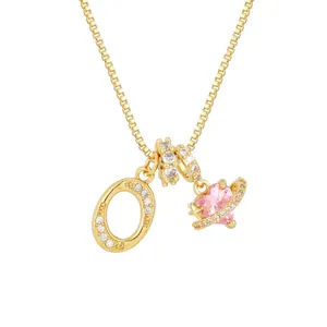 Pink heart planet necklace with gold box chain and pavé zircon letter O pendant