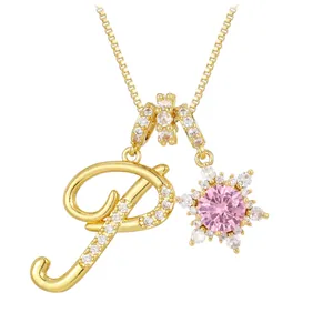 Elegant gold-plated letter P necklace with pink zircon floral pendant and crystal inlay