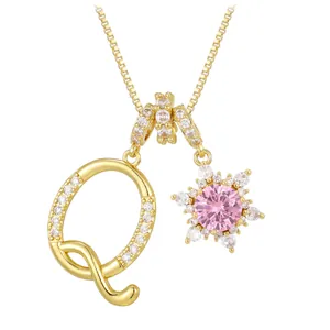 Elegant gold-plated square link chain necklace with pink floral and letter Q pendants