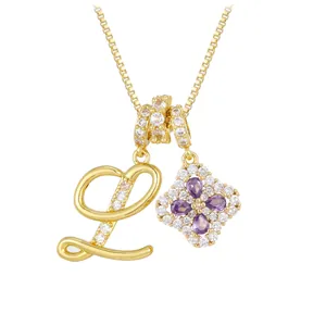 Collier doré avec lettre L, pendentif trèfle violet et zircons blancs pour femmes