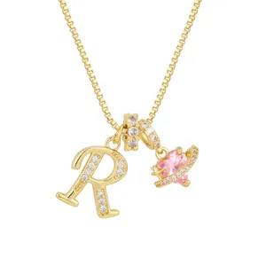 Pink heart and letter R pendant necklace with gold chain and sparkling zircon stones