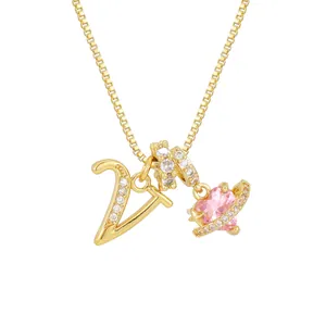 Pink heart planet and crystal letter V pendant necklace with golden box chain