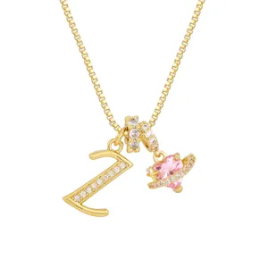 Pink heart zircon necklace with gold letter Z pendant and crystal accents for women