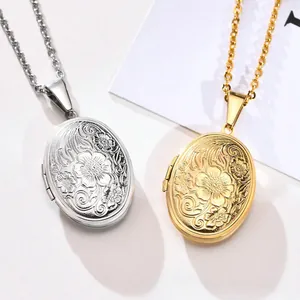 Vintage Floral Embossed Oval Locket Necklace For Photo Memory Openable Copper Gold Silver Pendant Necklace Jewelry For Women Men
