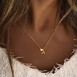 Minimalist Stainless Steel Initial Letter Heart Pendant Necklace Gold Plated Fine O-Chain Women Fashion Jewelry Gift