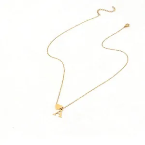 Minimalist gold titanium steel necklace featuring letter A and heart shaped pendants