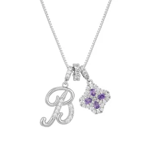 Silver necklace featuring letter B pendant and purple clover zircon on a box chain