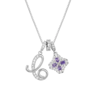 Silver letter L necklace with purple clover zircon pendant and box chain for women