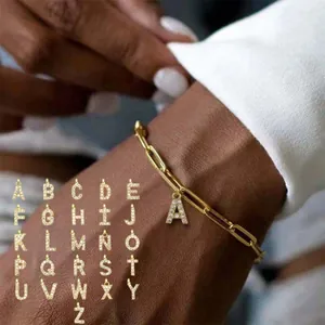 Edelstahl Büroklammer-Kette Armband Mit Zirkonia Initial Alphabet Anhänger Elegant Gold Silber Schmuck Für Damen Geschenk