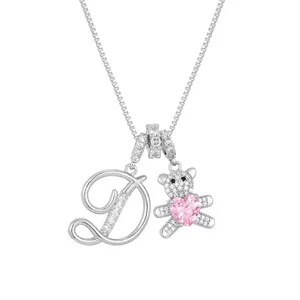 Silver bear necklace featuring letter D and pink heart zircon pendant with box chain