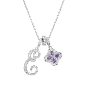 Silver letter E necklace with purple clover zircon pendant and box chain for women