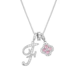 Silver letter F necklace with pink zircon clover pendant and box chain for women