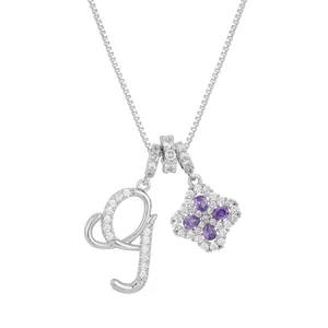 Letter G initial necklace with purple clover pendant and white zircon stones