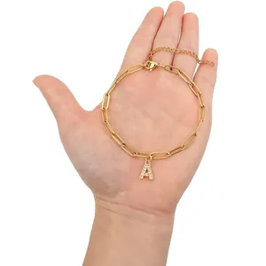 Elegant gold paperclip chain bracelet with a sparkling zircon A letter pendant for women