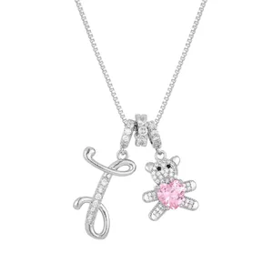 Silver bear necklace with letter J pendant and pink heart zircon stone detail