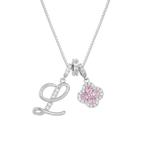 Silver-tone box chain necklace with crystal clover and zircon-studded letter L pendant