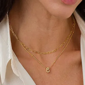 Layered gold paperclip chain necklace with minimalist letter B pendant for women
