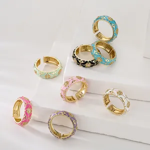 Enamel Flower Open Ring Copper 18K Gold Plated Zircon Adjustable Geometric Bohemian Vintage Aesthetic Fashion Jewelry For Women
