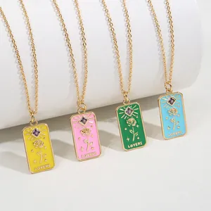 Tarot Card Style Rose Flower Pendant Necklace For Women Copper Gold Plated Enamel Zirconia Romantic Jewelry Gift Lovers