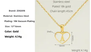 Detail of 18K gold plated heart necklace with shell inlay and letter A pendant