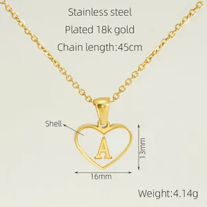 Close-up of 18K gold plated heart necklace featuring shell inlay with letter A