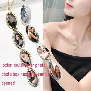 Vintage Edelstahl Kupfer Blumen Gravur Mehrschichtiges Foto Medaillon Anhänger Halskette Öffnbar Gedenkschmuck Für Damen
