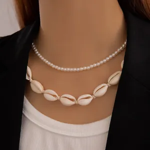 Double-layer pearl and white seashell necklace for beach vacation boho style
