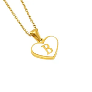 Gold stainless steel heart necklace with white enamel shell background and letter B pendant