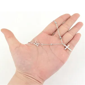 Minimalist silver beaded chain necklace with letter K charm and cross pendant for women