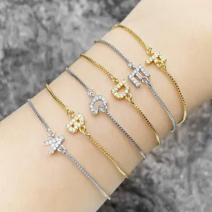 Elegant double-layered box chain bracelets with cubic zirconia letter charms A to F