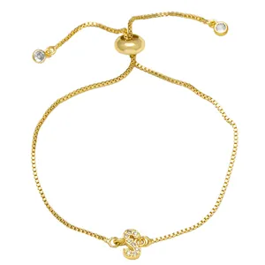 Gold double-layered box chain bracelet with S-letter cubic zirconia pendant and bolo clasp