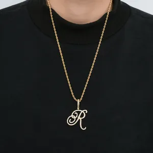 Hip hop gold plated R-letter pendant necklace with sparkling cubic zirconia on rope chain