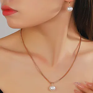 Elegant Faux Artificial Pearl Jewelry Set Gold Silver Plated Copper Box Chain Pendant Necklace Matching Hoop Earrings For Women Wedding Party Gift