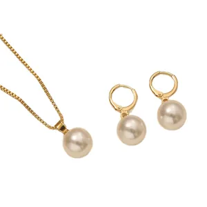 Elegant gold pearl necklace and hoop earring set with cream faux pearl pendants