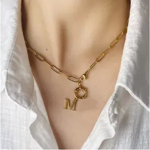 Stainless Steel Paperclip Chain Necklace OT Buckle Initial Alphabet Pendant Hip Hop Fashion Jewelry For Men Women Gift