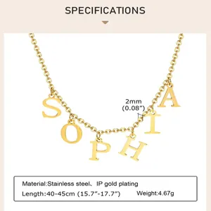 Detailed technical specifications and dimensions for 18K gold plated Sophia name necklace