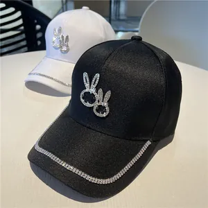 Women Fashion Rhinestone Rabbit Baseball Cap Adjustable Polyester Sunshade Peaked Hat Sweet Shiny Animal Decor Headwear