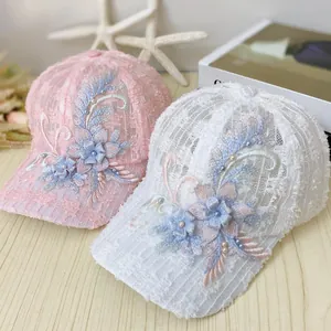 Breathable mesh baseball cap with handmade floral lace and pearl accents for women