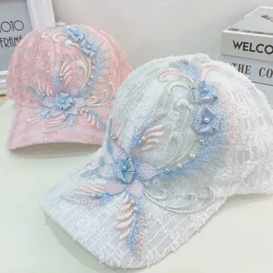 Women's Lace Mesh Baseball Cap With 3D Floral Embroidery Faux Artificial Pearl Sweet Sun Protection Summer Adjustable Breathable Mesh Hat