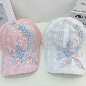 Breathable mesh baseball cap for women featuring 3D floral lace embroidery and pearls