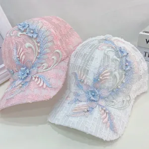Women's summer mesh baseball caps in pink and white with handmade 3D floral embroidery