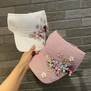 Women Knitted Empty Top Sun Hat Handmade Flower Rhinestone Metal Leaf Decor Breathable Adjustable Summer Vacation Visor Hat