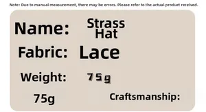 Détails de la casquette en dentelle avec strass incluant poids et étiquette cousue main