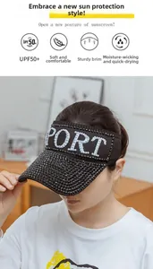 Detail of SPORT visor with rhinestones featuring breathable quick-dry fabric and UPF 50+