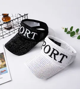 Detailed view of rhinestone-studded brim and SPORT embroidery on women's sun visor hats