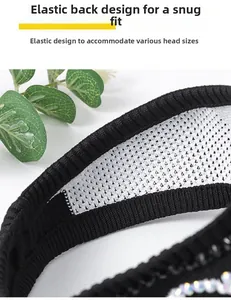 Detail of black sports sun visor with elastic strap for adjustable fit and rhinestones