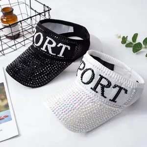 Women Rhinestone SPORT Sun Visor Hat Knitted Breathable Empty Top Sun Hat Outdoor Running Beach Sporty Cap UPF 50 Plus