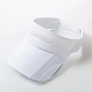 Macro shot of white sun visor with Delonced Time embroidery and breathable mesh side