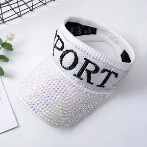 White sun visor hat with colorful rhinestones and SPORT embroidery for outdoor sports